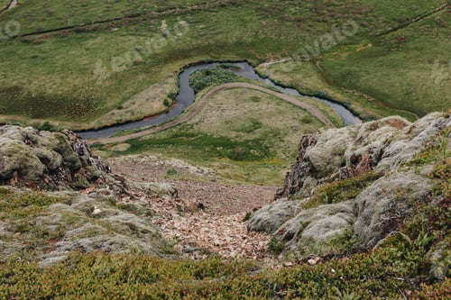 Preview: aerial view of beautiful river flowing through highlands in Iceland