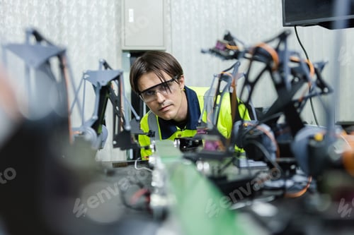 Preview: Male technician engineer checking automation robotics at industrial modern factory.