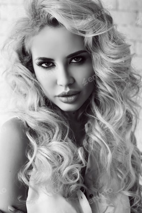 Preview: Fashion Interior Photo Of Gorgeous Sexy Woman With Blond Curly Hair In Lingerie Posing At Studio