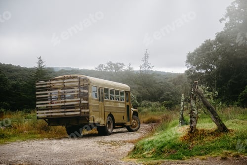 Preview: Vintage travel or camping bus in the middle of the forest