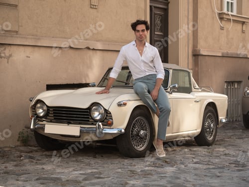 Preview: Young Men Posing By Old Classic Car In Town.