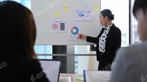 Preview: Experienced senior female team leader presenting project research results to business partners .