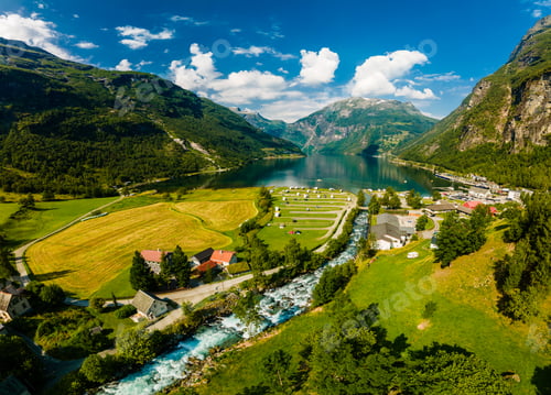 Preview: View of the river Geirangerelvi and the waterfall Storfossen in Geiranger, Norway.