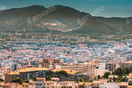 Preview: Marseille, France. Elevated View Of Cityscape. Residential Districts And Streets Under Sunny Summer
