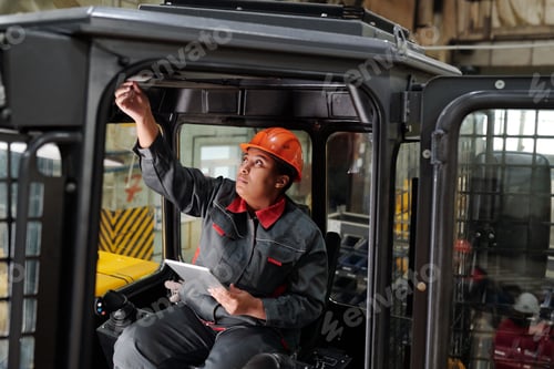 Preview: African American female worker of industrial plant sitting in construction machine