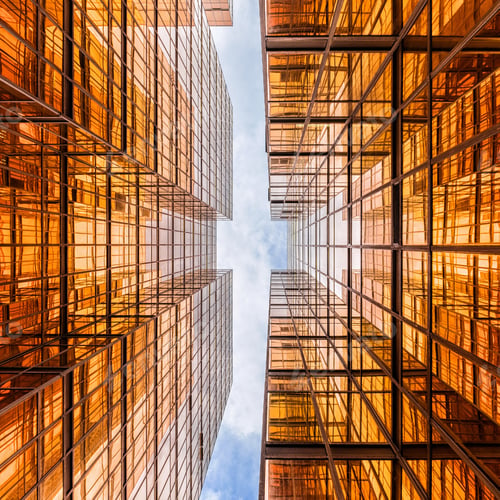 Preview: Uprisen angle of Hong Kong skyscraper with reflection of clouds among high building, Building