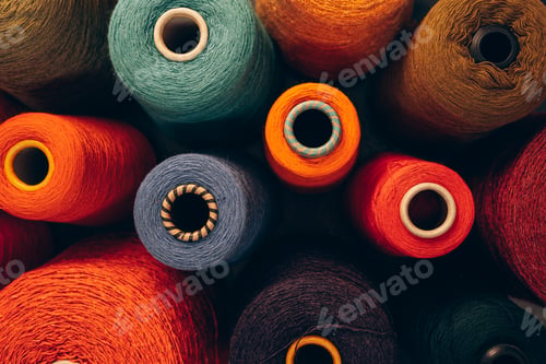 Preview: Composition of colorful vibrant wool threads from above.