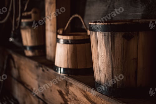 Preview: Closeup of the wooden buckets stacked side by side on the wooden shelf