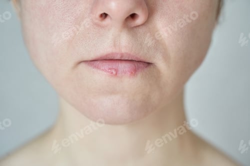 Preview: Caucasian mature female with chapped lips close-up highlighting skin texture and health concerns