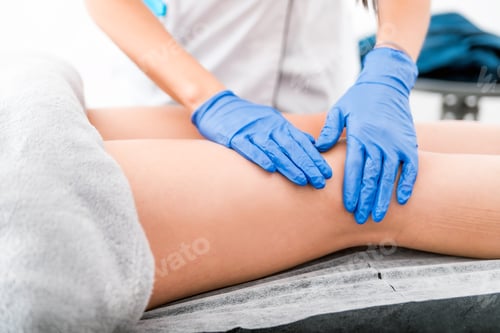 Preview: Beautician applying moisturizing cream on female legs at medical spa center