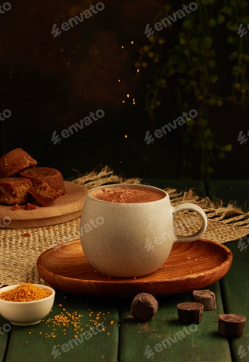 Preview: Vertical shot of brown sugar being added to the cup of coffee