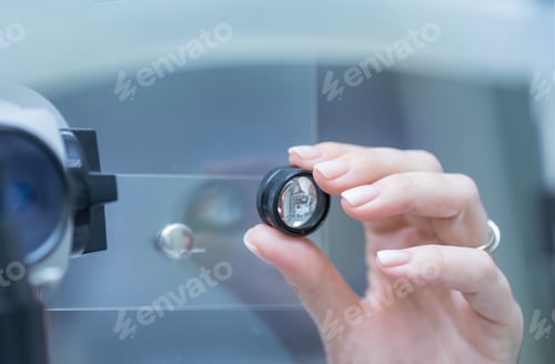 Preview: ophthalmologist looks into the viewfinder of a slit lamp for biomicroscopy of the eye
