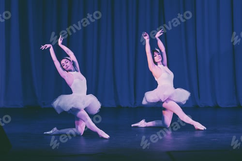 Preview: Graceful ballerinas performing swan lake duet in white tutus on dark stage