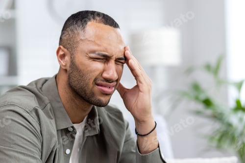 Preview: Close-up photo of a young African American man suffering from a severe headache. Sitting at home on