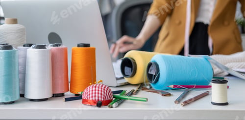 Preview: Clothes business owner concept, fashion studio office fabric equipment stylist