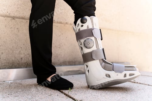 Preview: Businesswoman wearing ankle brace standing near wall