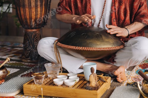 Preview: Close-up of a man's hand playing a modern musical instrument - the Orion tongue drum during the