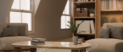 Preview: Copy space on coffee tabletop with decor in comfortable Scandinavian living room interior design.