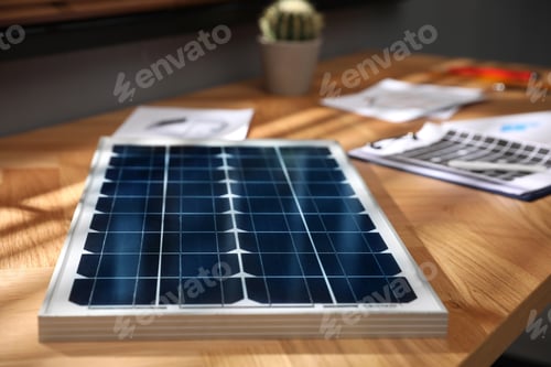 Preview: Solar panel on wooden table in office