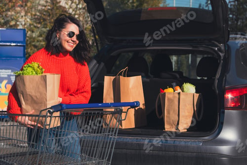 Preview: woman put packages in car trunk