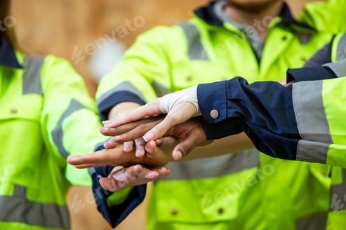Preview: Team engineering and foreman connect join hands successful projects, Stack of hands,