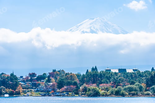 Preview: Beautiful landscape of mountain fuji with maple leaf tree around