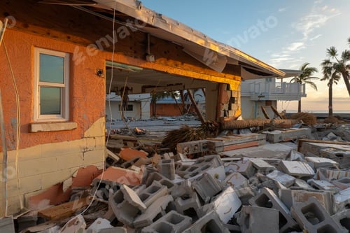 Preview: Destroyed house on ocean shore.