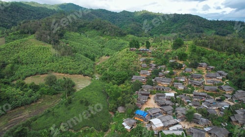 Preview: Aerial view from drone of the rural village and rice terraces in the mountains