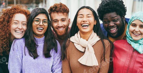 Preview: Young happy people having fun outdoor together - Focus on asian girl face