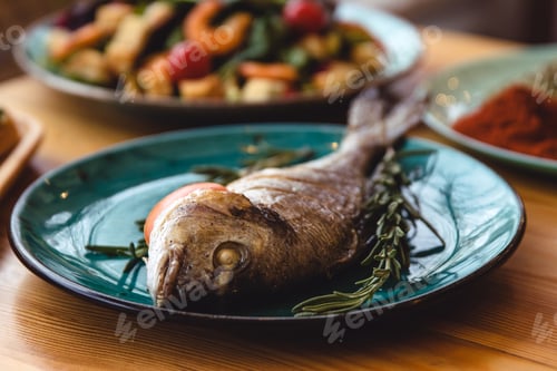 Preview: Fresh fish dorado. Dorado and ingredients for cooking on a table.