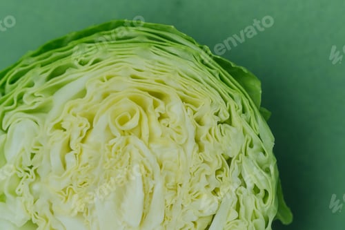 Preview: Closeup of halved cabbage showing detailed leaf structure