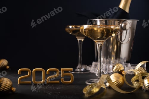 Visualização: Champanhe de Ano Novo em taças de vinho e garrafa em balde decorados com enfeites dourados de Natal.
