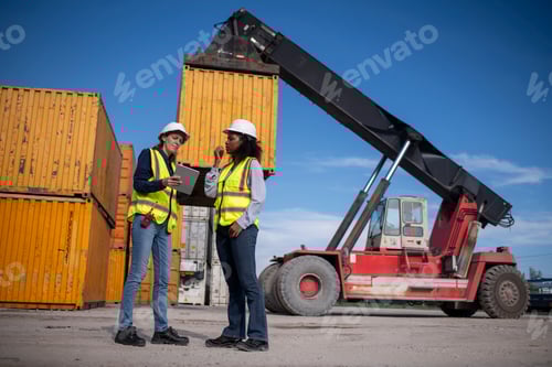 Preview: Engineer or dockworker working in the construction container dock yard checking and inspection conta