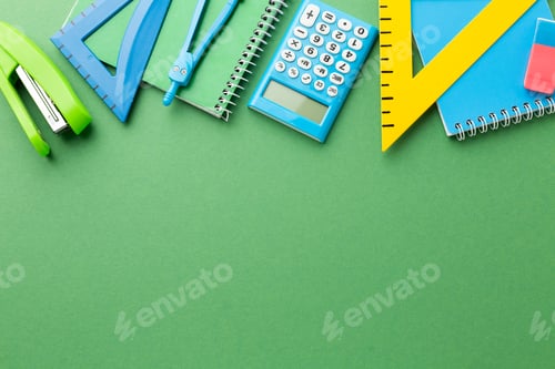 Preview: Colored items for school on a bright background