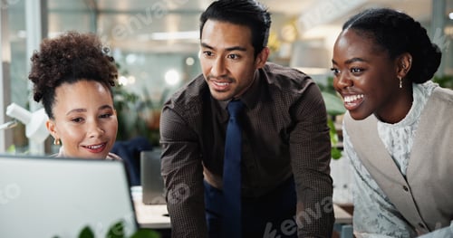 Preview: Online, computer and teamwork with business people in office for planning, website and advice. Cons