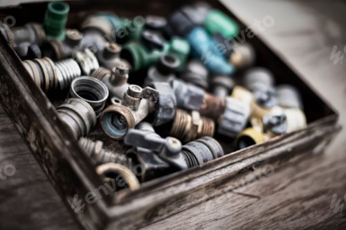 Preview: Washers and hose pipe joint fittings in a wooden box in the greenhouse.