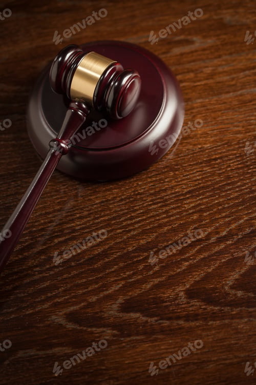 Preview: Dark Wooden Gavel Abstract on Table with Room for Text.