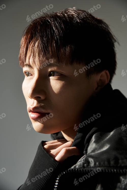 Preview: Stylish young man with captivating gaze found in a modern urban setting during golden hour
