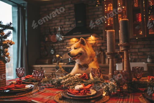 Preview: Portrait of japanese happy cheerful dog breed akita inu with bow tie at xmas decorated lodge
