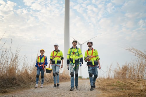 Preview: Wide perspective of wind turbine engineers walking with coworker in wind farms