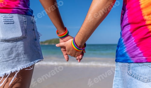 Preview: LGBTQ couple lover holding hand pose happiness life on beach in summer holidays vacation is friendsh