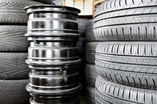 Preview: Stack of car tyres and wheel rims in an auto repair shop garage.