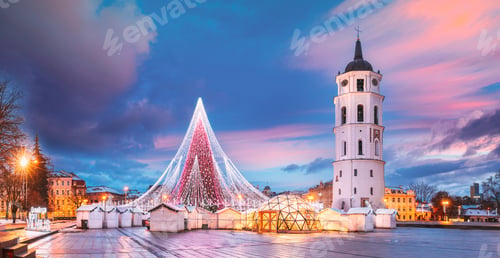 Preview: Vilnius, Lithuania. Christmas Tree On Background Bell Tower Belfry Of Vilnius Cathedral At Cathedral
