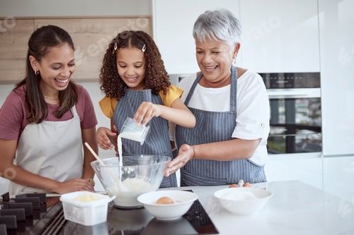 Preview: Cooking, girl or women bond helping with milk in dessert, breakfast food or sweet recipe in house o