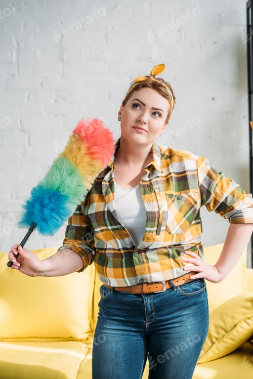 Preview: attractive woman posing with dust brush for cleaning at home