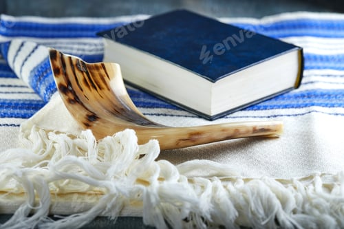 Preview: Rosh hashanah - jewish New Year holiday concept. Traditional symbols: Shofar - horn,