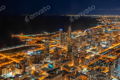 Preview: Aerial view of Chicago cityscape skyscraper under the blue sky at beautiful twilight time in Chicago