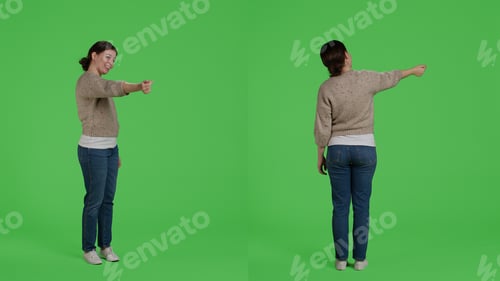 Preview: Caucasian person asking for someone and reaching hand out
