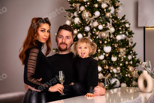 Visualização: Comemorando o Natal com a família em frente a uma árvore decorada