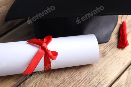 Preview: Graduation hat and student's diploma on wooden table, closeup